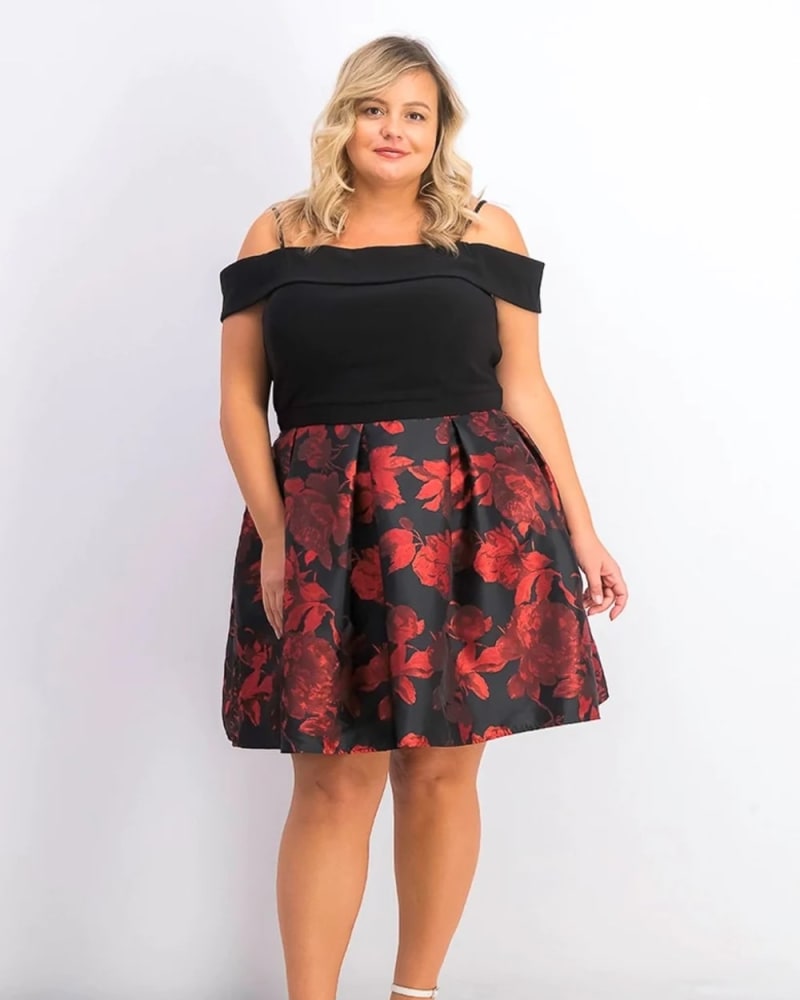 Front of a model wearing a size 18W Morgan & Company Women's Plus Size Trendy Off-The-Shoulder Dress Black Size 18 in Black by Morgan & Company. | dia_product_style_image_id:313420